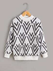 Niños Jersey con patrón de cheurón de hombros caídos tejido mullido - Blanco y Negro - Ver 1