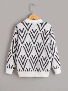 Niños Jersey con patrón de cheurón de hombros caídos tejido mullido - Blanco y Negro - Ver 2