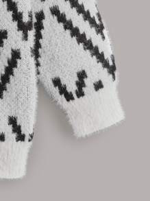 Niños Jersey con patrón de cheurón de hombros caídos tejido mullido - Blanco y Negro - Ver 3