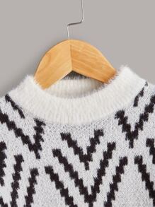 Niños Jersey con patrón de cheurón de hombros caídos tejido mullido - Blanco y Negro - Ver 4