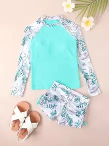 Tween Girl Tropical Print High Neck Rashguard Summer Beach - Mint Blue - View 1
