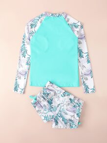 Tween Girl Tropical Print High Neck Rashguard Summer Beach - Mint Blue - View 2