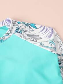 Tween Girl Tropical Print High Neck Rashguard Summer Beach - Mint Blue - View 3