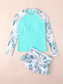 Tween Girl Tropical Print High Neck Rashguard Summer Beach - Mint Blue - View 5
