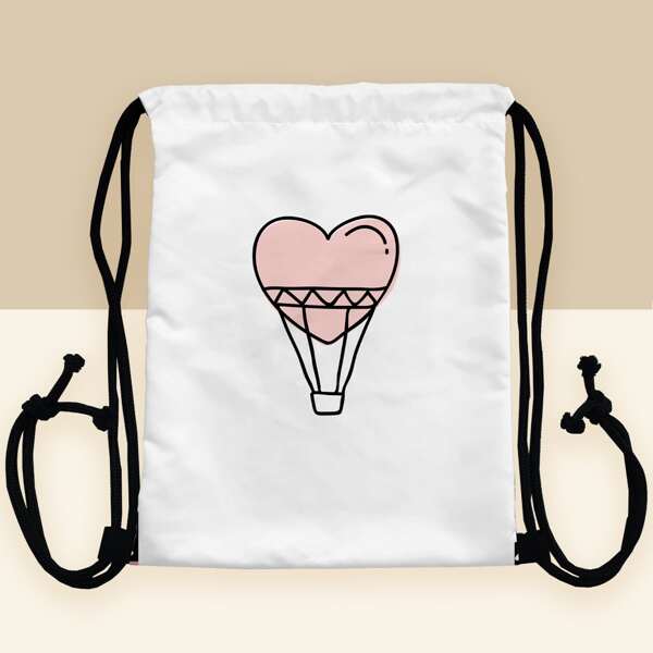 

Heart Graphic Drawstring Bag, White