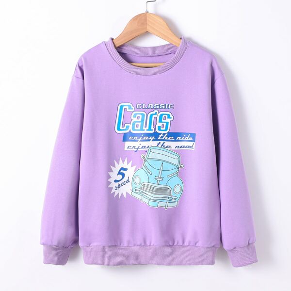 

Girls Letter & Car Print Drop Shoulder Pullover, Lilac purple