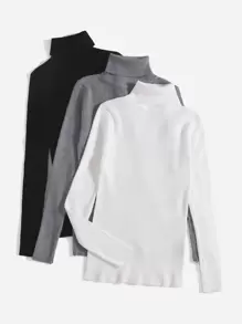 SHEIN EZwear 3pcs Turtleneck Ribbed Knit Jumper - Multicolor - View 3