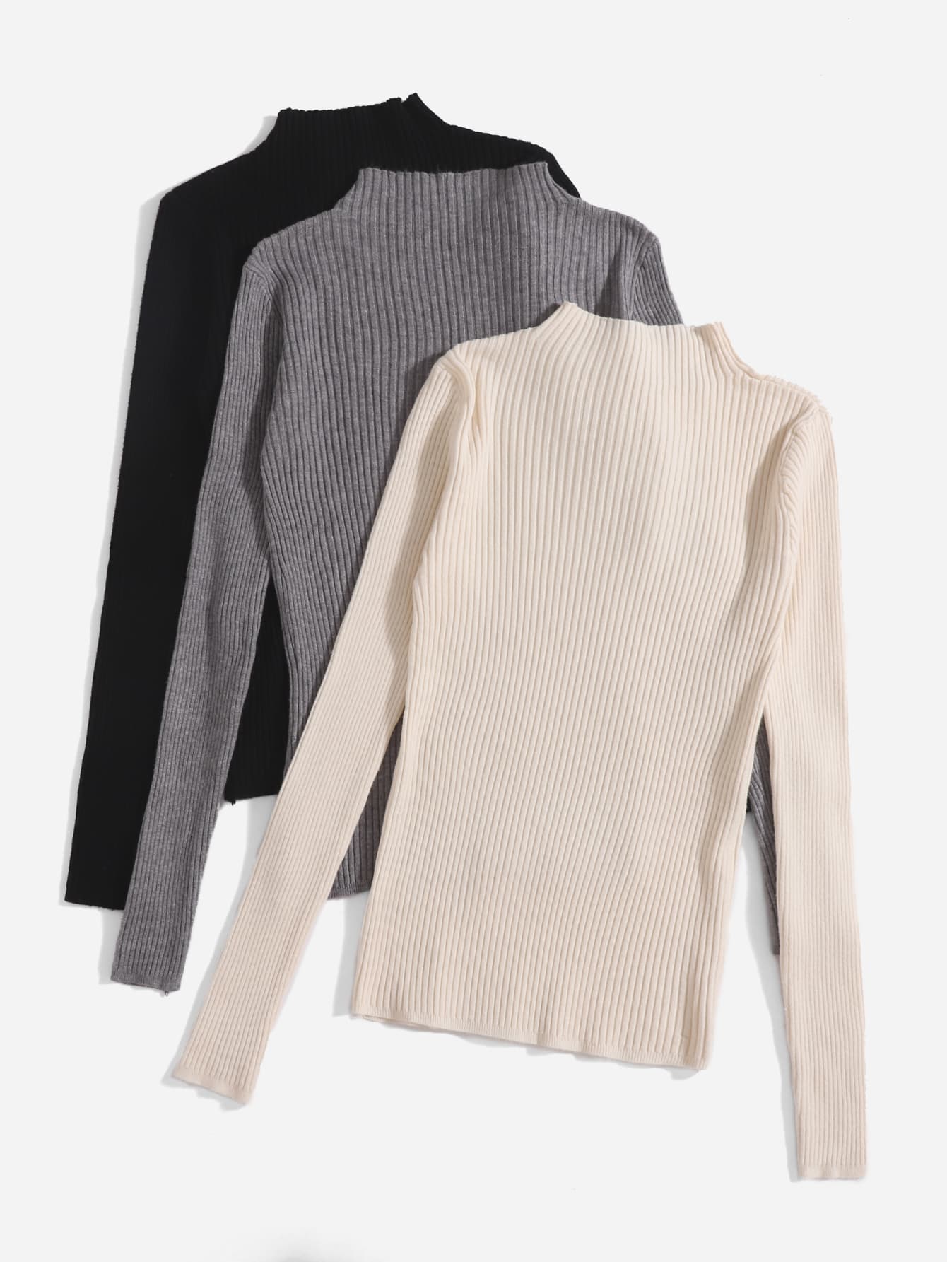 3pcs Solid High Neck Sweater,Long Sleeve Tops In Fall/Winter