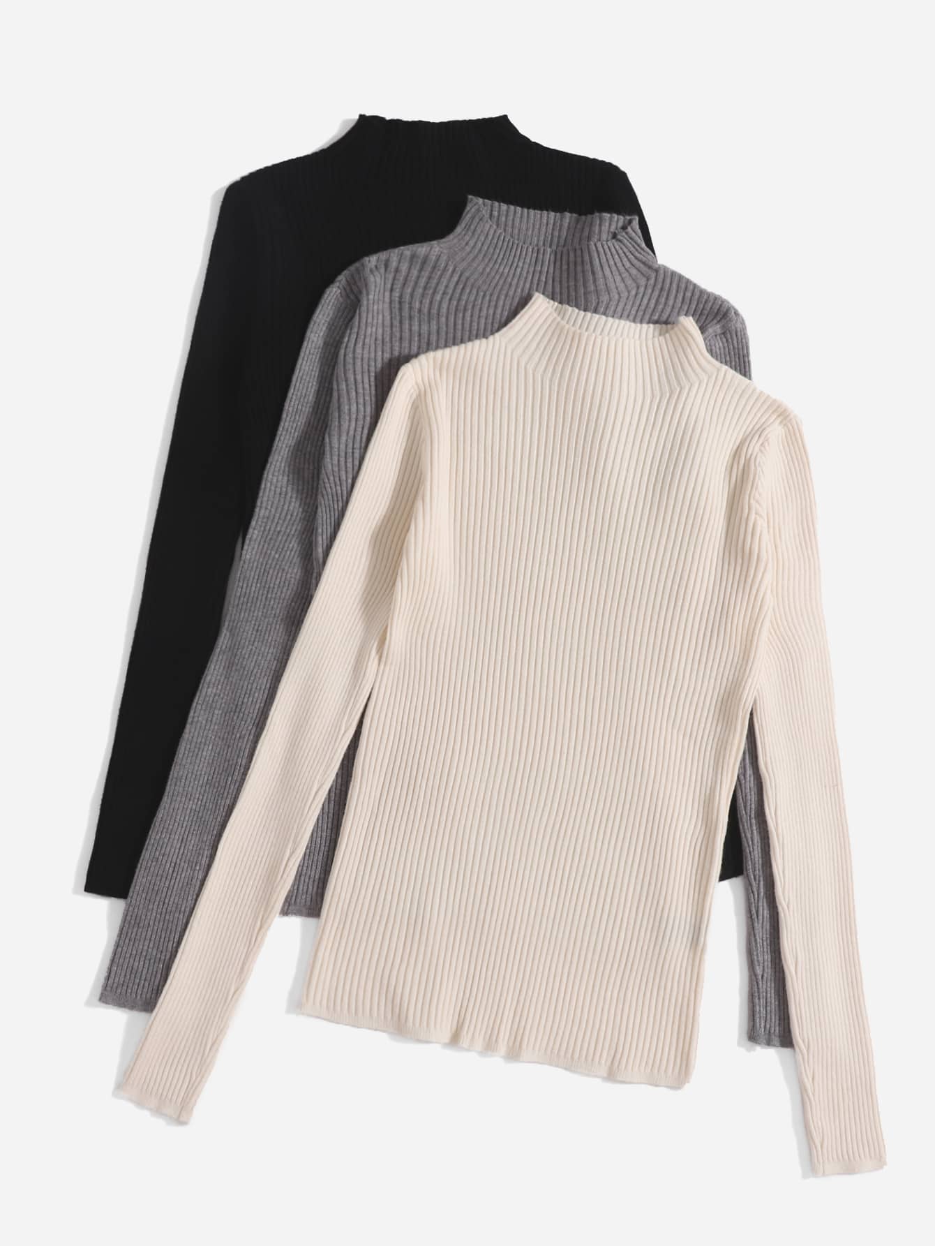 3pcs Solid High Neck Sweater,Long Sleeve Tops In Fall/Winter