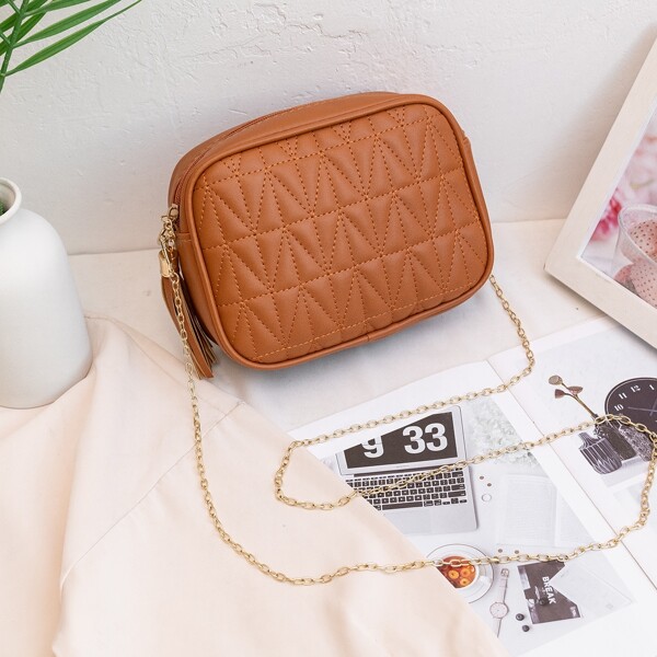 

Quilted Chain Crossbody Bag, Brown