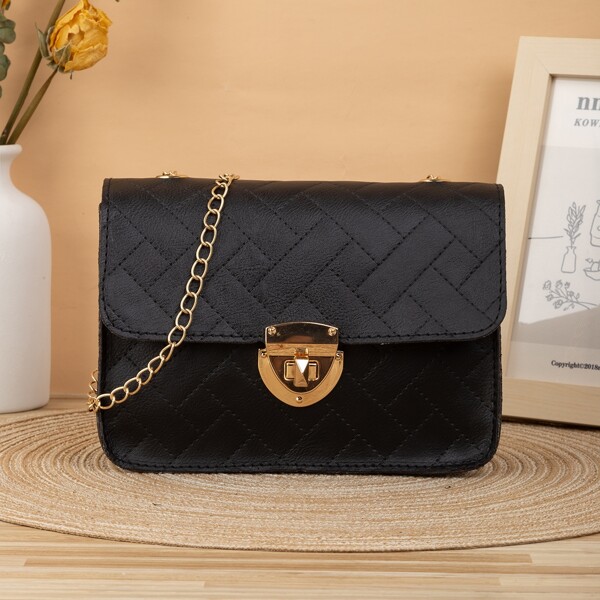 

Quilted Turn-lock Chain Crossbody Bag, Black