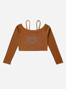 ROMWE Heart Rhinestone Cold Shoulder Ribbed Tee - Brown - View 1