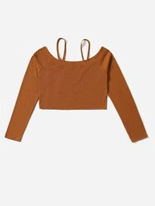 ROMWE Heart Rhinestone Cold Shoulder Ribbed Tee - Brown - View 2