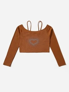 ROMWE Heart Rhinestone Cold Shoulder Ribbed Tee - Brown - View 3