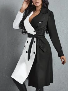 Two Tone Double Breasted Belted Trench Coat - Black and White - View 1
