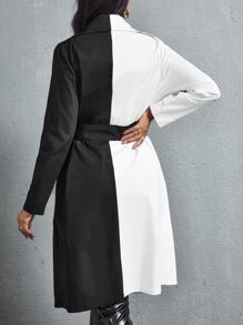 Two Tone Double Breasted Belted Trench Coat - Black and White - View 2