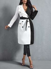 Two Tone Double Breasted Belted Trench Coat - Black and White - View 3