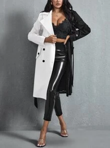 Two Tone Double Breasted Belted Trench Coat - Black and White - View 4