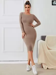 SHEIN PETITE Solid Scoop Neck Bodycon Dress - Khaki - View 1