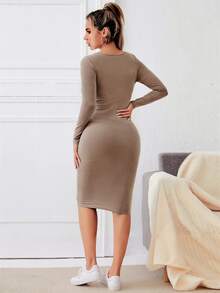 SHEIN PETITE Solid Scoop Neck Bodycon Dress - Khaki - View 2