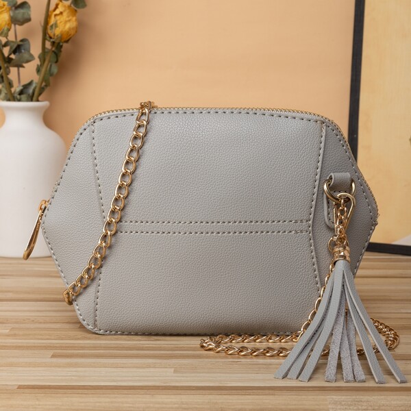 

Tassel Decor Stitch Detail Chain Novelty Bag, Grey