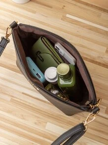 防水、輕巧、商務休閒金屬裝飾紋理斜背包，適合青少年女孩、女大學生、菜鳥和白領，非常適合辦公室、大學、工作、商務、通勤、戶外、旅行、郊遊 - 黑色 - 查看 3