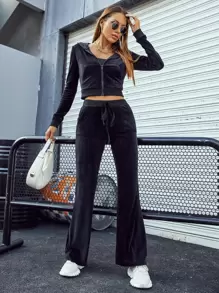 SHEIN Unity Zip Up Hooded Crop Flannel Jacket & Flare Leg Trousers - Black - View 1