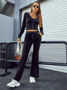 SHEIN Unity Zip Up Hooded Crop Flannel Jacket & Flare Leg Trousers - Black - View 3