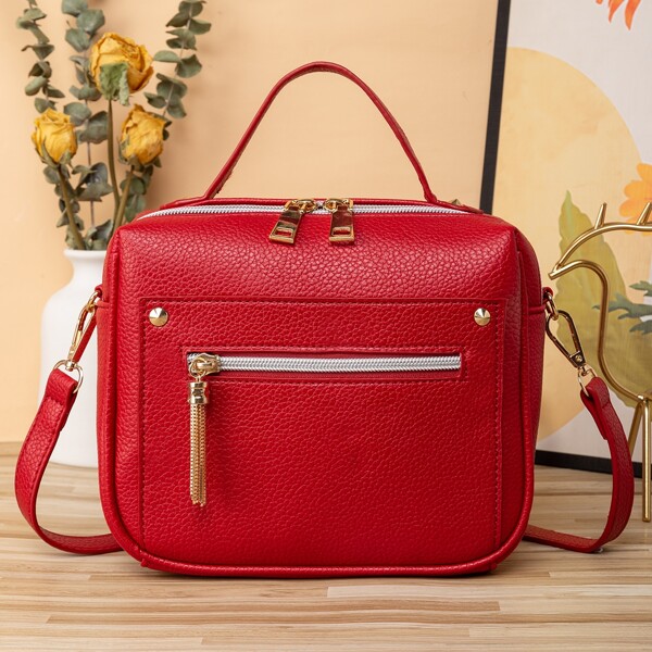 

Tassel Decor Textured Square Bag, Red