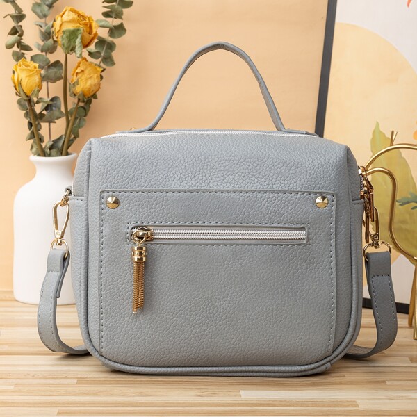 

Tassel Decor Textured Square Bag, Grey