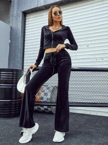 SHEIN Unity Zip Up Hooded Crop Flannel Jacket & Flare Leg Trousers - Black - View 6