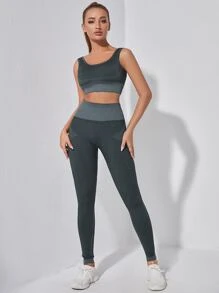 LUVLETTE 雜灰色瑜伽褲襪收復健身緊身打底褲帶寬腰帶 - 深灰色 - 查看 3