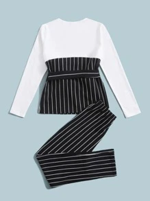 SHEIN 女孩條紋圖案字母圖案腰帶上衣和長褲 - 黑與白 - 查看 2