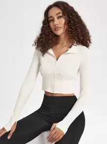 Zip Up Crop Sports Jacket - Beige - View 4