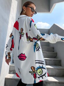 SHEIN Unity 人像圖案落肩袖超大襯衫 - 白色 - 查看 2