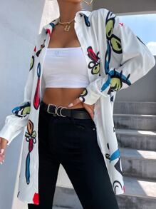 SHEIN Unity 人像圖案落肩袖超大襯衫 - 白色 - 查看 3