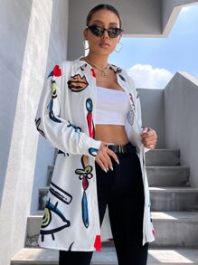 SHEIN Unity 人像圖案落肩袖超大襯衫 - 白色 - 查看 4