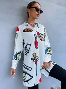 SHEIN Unity 人像圖案落肩袖超大襯衫 - 白色 - 查看 6