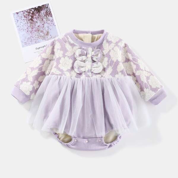 

Floral Pattern Bow Mesh Ruffle Hem Bodysuit, Purple