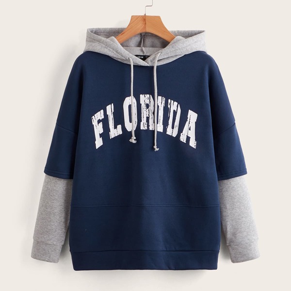 

Letter Graphic Drawstring 2 In 1 Hoodie, Navy blue
