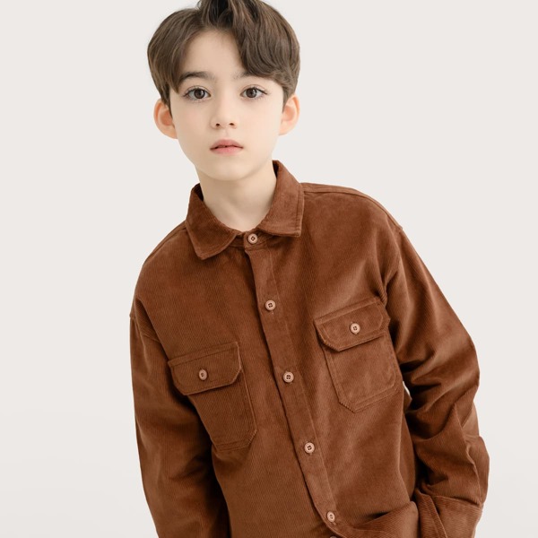 

Boys Letter Embroidery Flap Pocket Corduroy Shirt, Brown