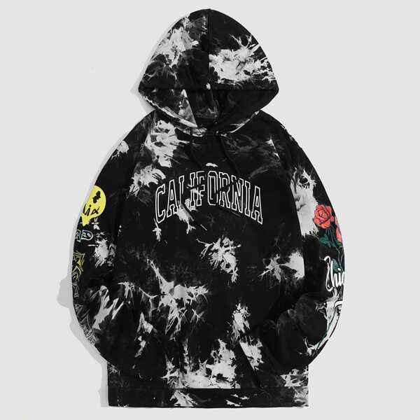 

Men Tie Dye & Graphic Print Drawstring Hoodie, Black