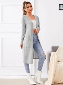 SHEIN LUNE 混色針織開襟長款大衣 - 淺灰色 - 查看 4