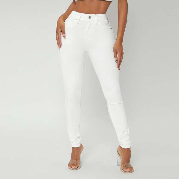 

High Waist Slant Pocket Skinny Jeans, White