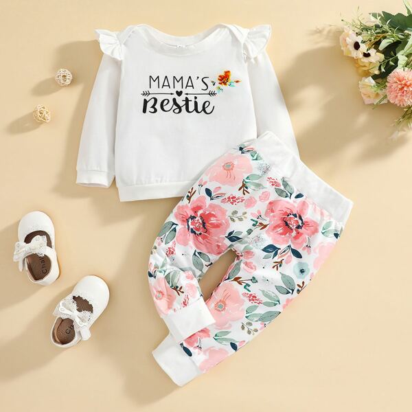 

Baby Floral And Slogan Graphic Sweatshirt And Pants, Multicolor