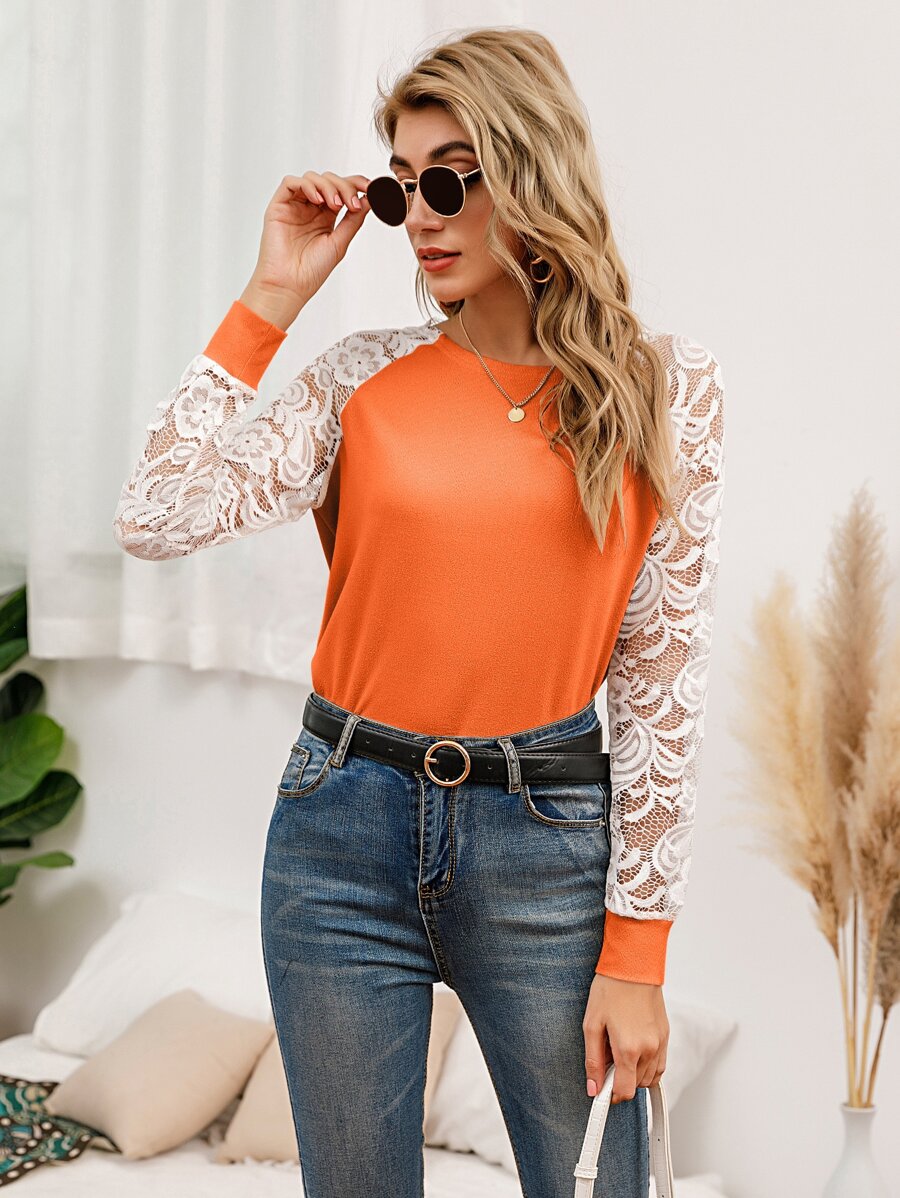 SHEIN LUNE Sheer Lace Raglan Sleeve Colourblock Tee - Orange - View 1