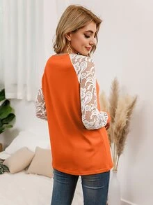 SHEIN LUNE Sheer Lace Raglan Sleeve Colourblock Tee - Orange - View 2