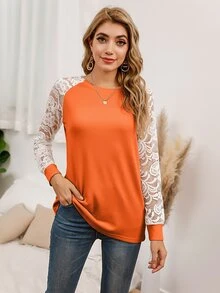 SHEIN LUNE Sheer Lace Raglan Sleeve Colourblock Tee - Orange - View 3