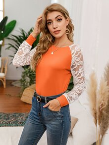 SHEIN LUNE Sheer Lace Raglan Sleeve Colourblock Tee - Orange - View 4