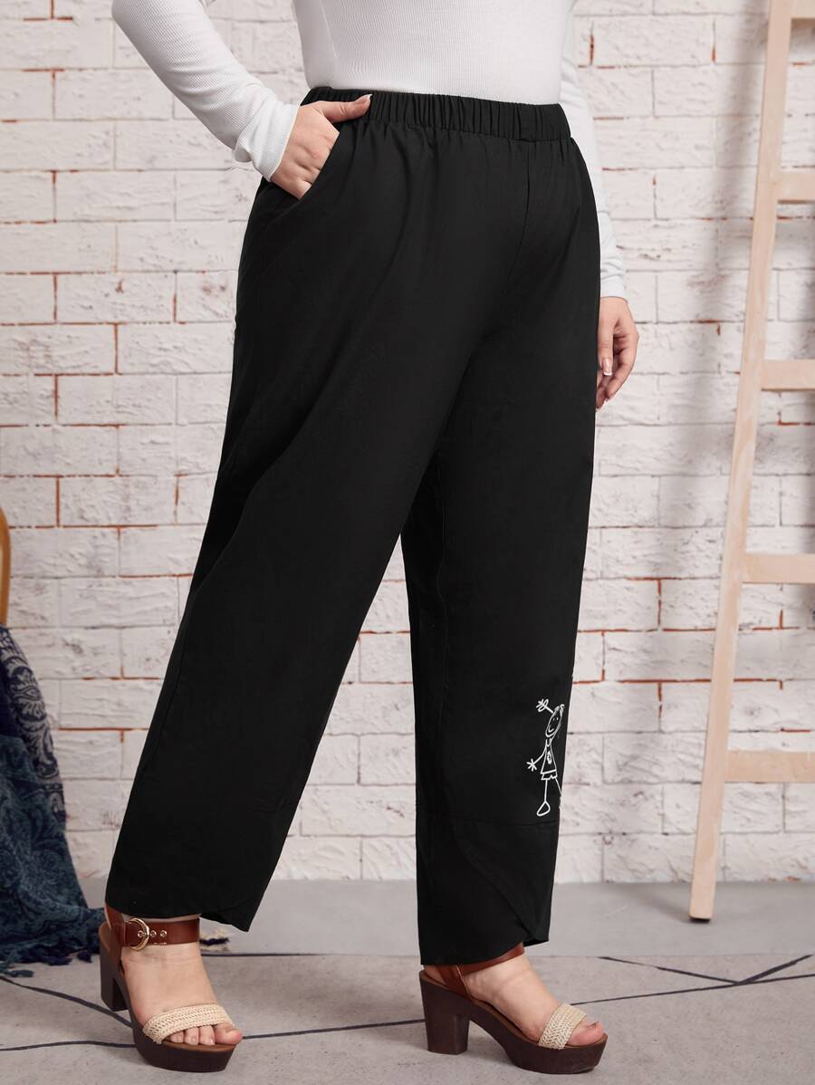 大碼高腰人像和花卉圖案長褲 - 黑色 - 查看 1